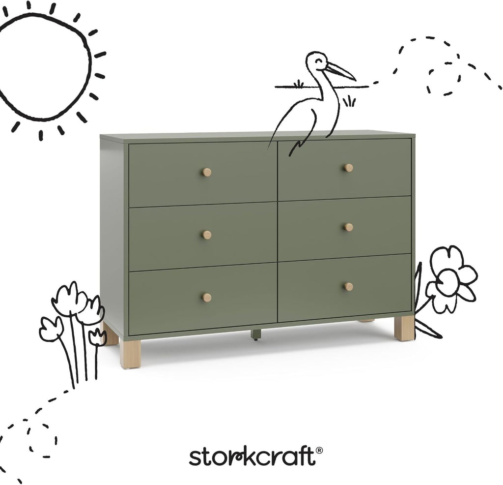 Storkcraft California 6-Drawer Double Dresser (Olive with Driftwood) - GREENGUARD Gold Certified, Interlocking Drawer System, Dresser Drawer Organizer for Kids Bedroom
