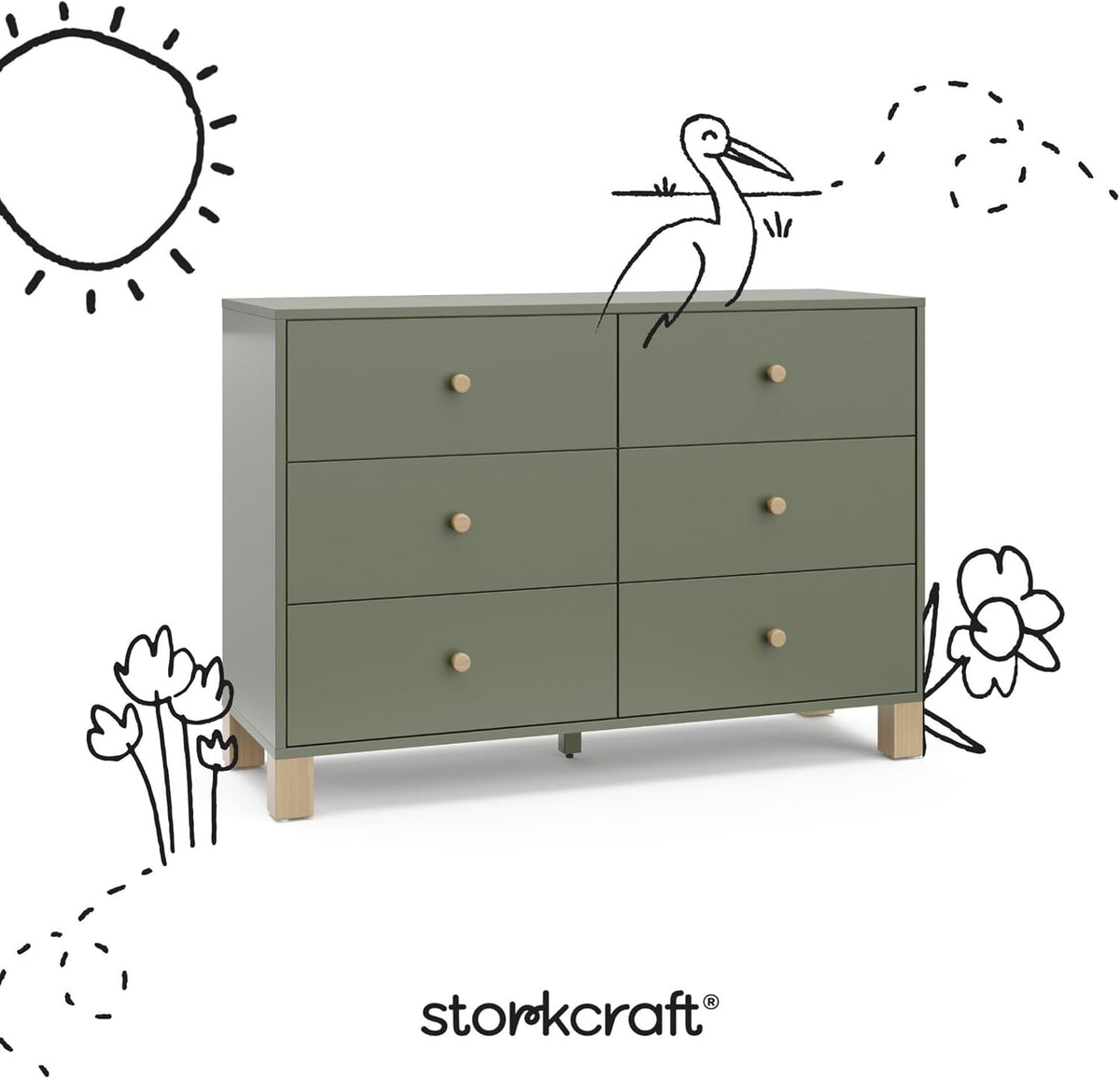 Storkcraft California 6-Drawer Double Dresser (Olive with Driftwood) - GREENGUARD Gold Certified, Interlocking Drawer System, Dresser Drawer Organizer for Kids Bedroom