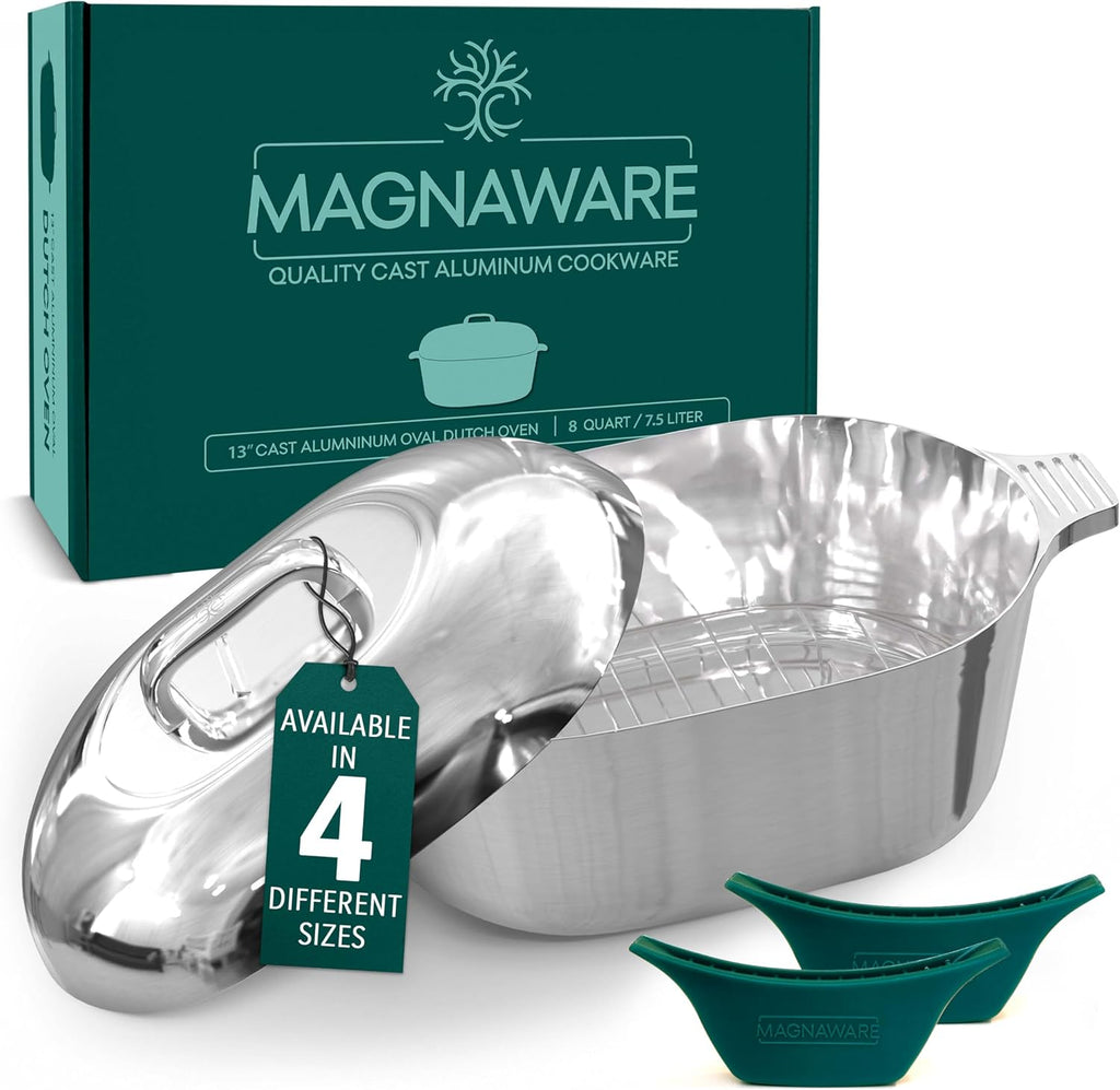MAGNAWARE Cast Aluminum Oval Dutch Oven with Lid — 8 QT Heavy Duty Roaster Pan with Rack & Silicone Cover Dual Handles — Cajun Cookware for Roasting, Baking, Cooking (13" Medium)