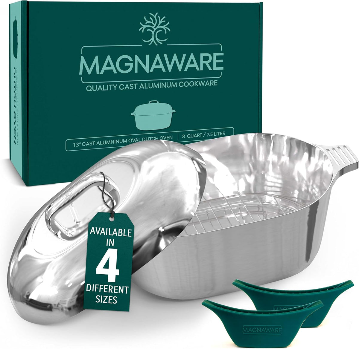 MAGNAWARE Cast Aluminum Oval Dutch Oven with Lid — 8 QT Heavy Duty Roaster Pan with Rack & Silicone Cover Dual Handles — Cajun Cookware for Roasting, Baking, Cooking (13" Medium)