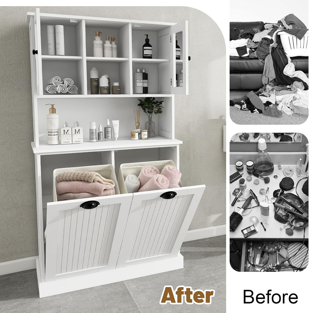 Tilt-Out Laundry Hamper Cabinet with Glass Doors – 60” Tall Bathroom Storage Organizer, 2 Pull-Out Baskets, Adjustable Shelves, Fits Bathroom & Balcony (White)