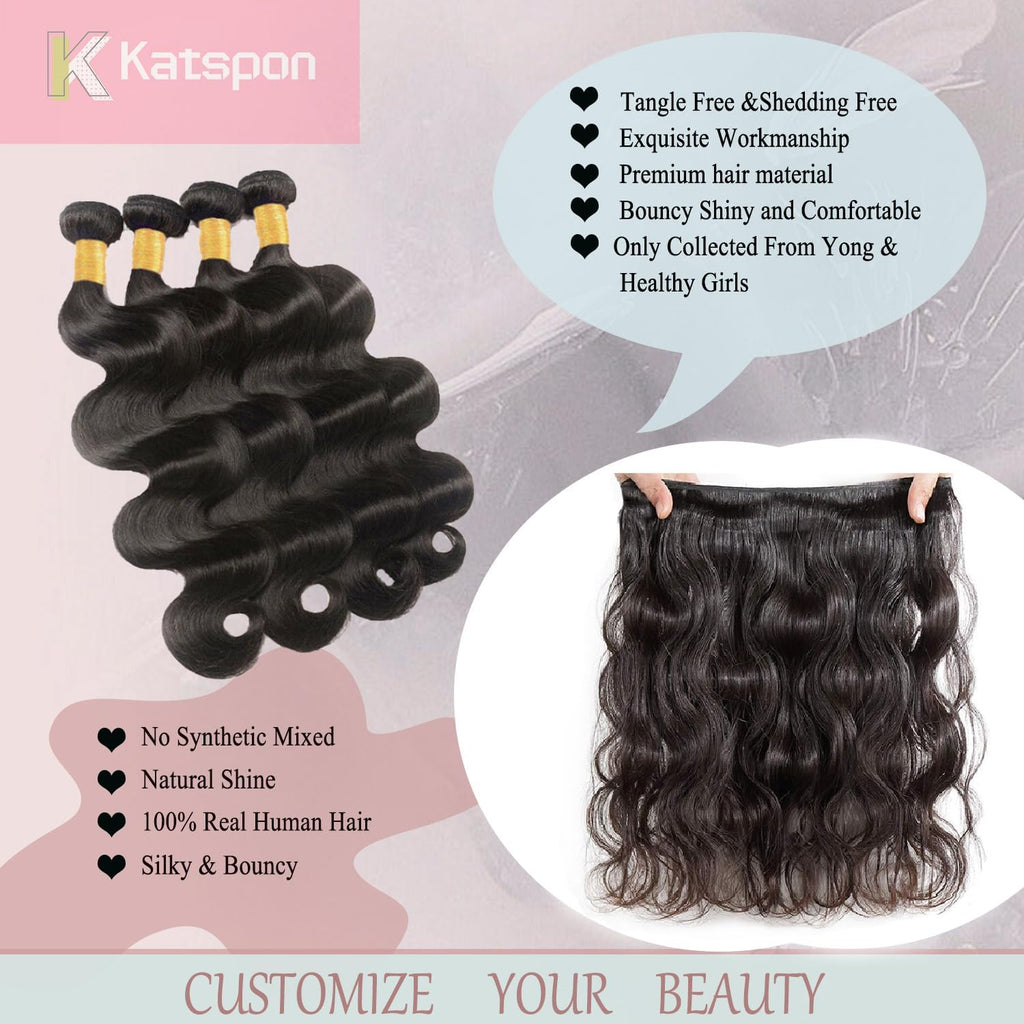 Katspon 12A Human Hair Bundles 20 22 24 26 Inch Body Wave 100% Unprocessed Brazilian Virgin Hair 4 Bundles Human Hair Extensions Quick Weave Natural Black