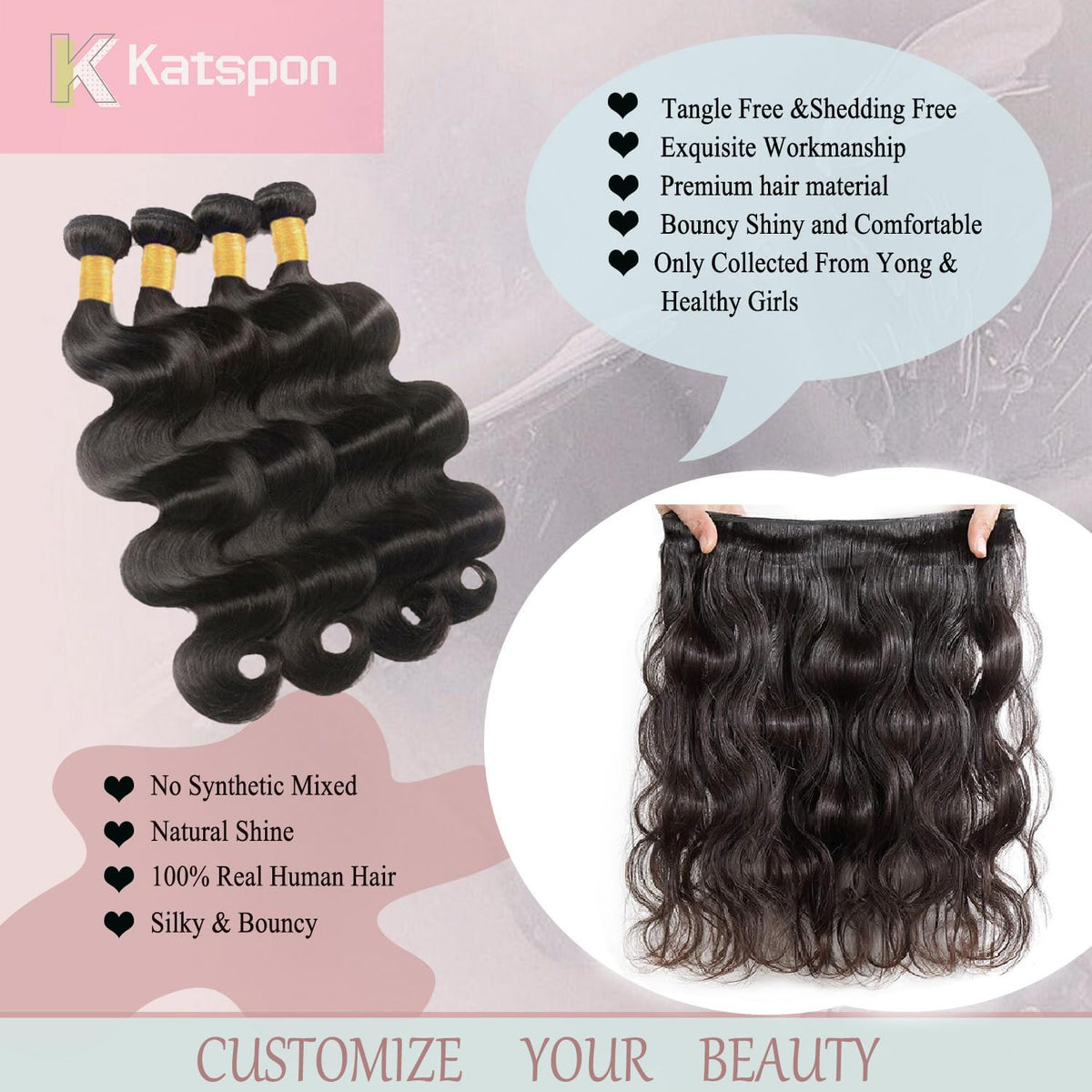 Katspon 12A Human Hair Bundles 20 22 24 26 Inch Body Wave 100% Unprocessed Brazilian Virgin Hair 4 Bundles Human Hair Extensions Quick Weave Natural Black