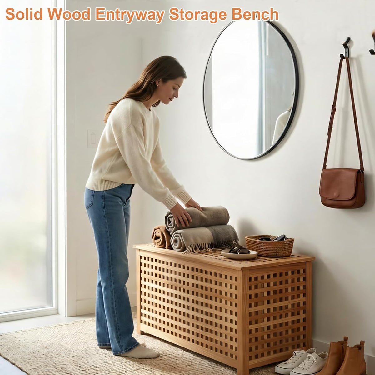 Solid Wood Entryway Bench with Storage, Large storage chest with Removable Bag, Wood Coffee Table for Living-room, Bedroom, Patio, DIY Bunny House, 39x20x20in