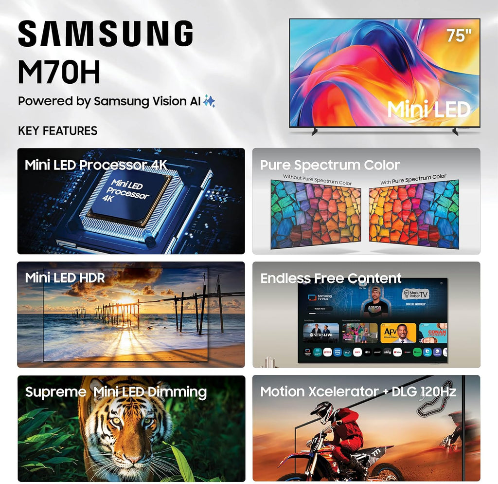 Samsung 75-Inch Class Mini LED M70H Series Samsung Vision AI Companion Smart TV (2026 Model, 75M70H) Mini LED Processor 4K, Pure Spectrum Color, Motion Xcelerator + DLG 120Hz