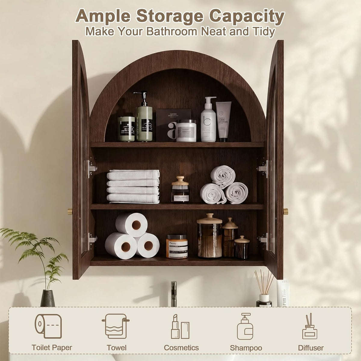 Arched Wall Cabinet, Bathroom Cabinet Wall Mount with Glass Doors & Adjustable Shelf, Floating Medicine Cabinet for Bathroom, Kitchen, Living Room Storage, Walnut