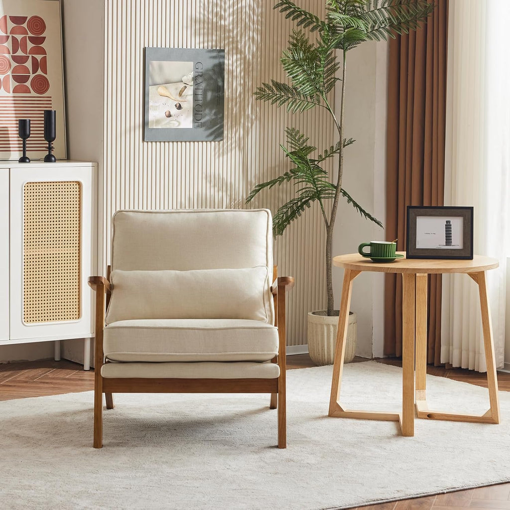 VINGLI Solid Wood Wide Armrests Accent Chair Set of 2,Upholstered Mid Century Modern Chair with Pillow,Farmhouse Arm Chair Comfy Reading Chair,Chairs Living Room,Bedroom,Guest Room,Linen Fabric,Beige