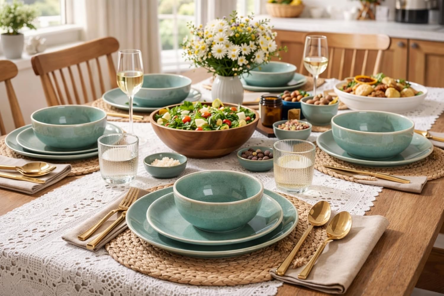 GBHOME Dinnerware Sets with Double Bowls for 6, 24 Pieces Stoneware Plates and Bowls Set, Scratch Resistant Ceramic Dishes Set, Dishwasher & Microwave Safe-Malachite Green