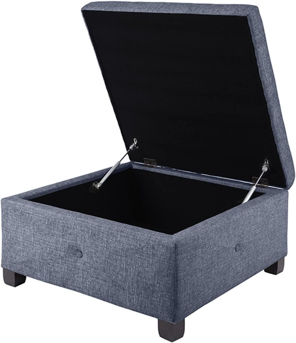 Madison Park Aspen Square Storage Ottoman Bench, Upholstered Textured Fabric Button Tufted Chest with Solid Wood Legs, Accent Furniture for Bedroom Décor, Blue