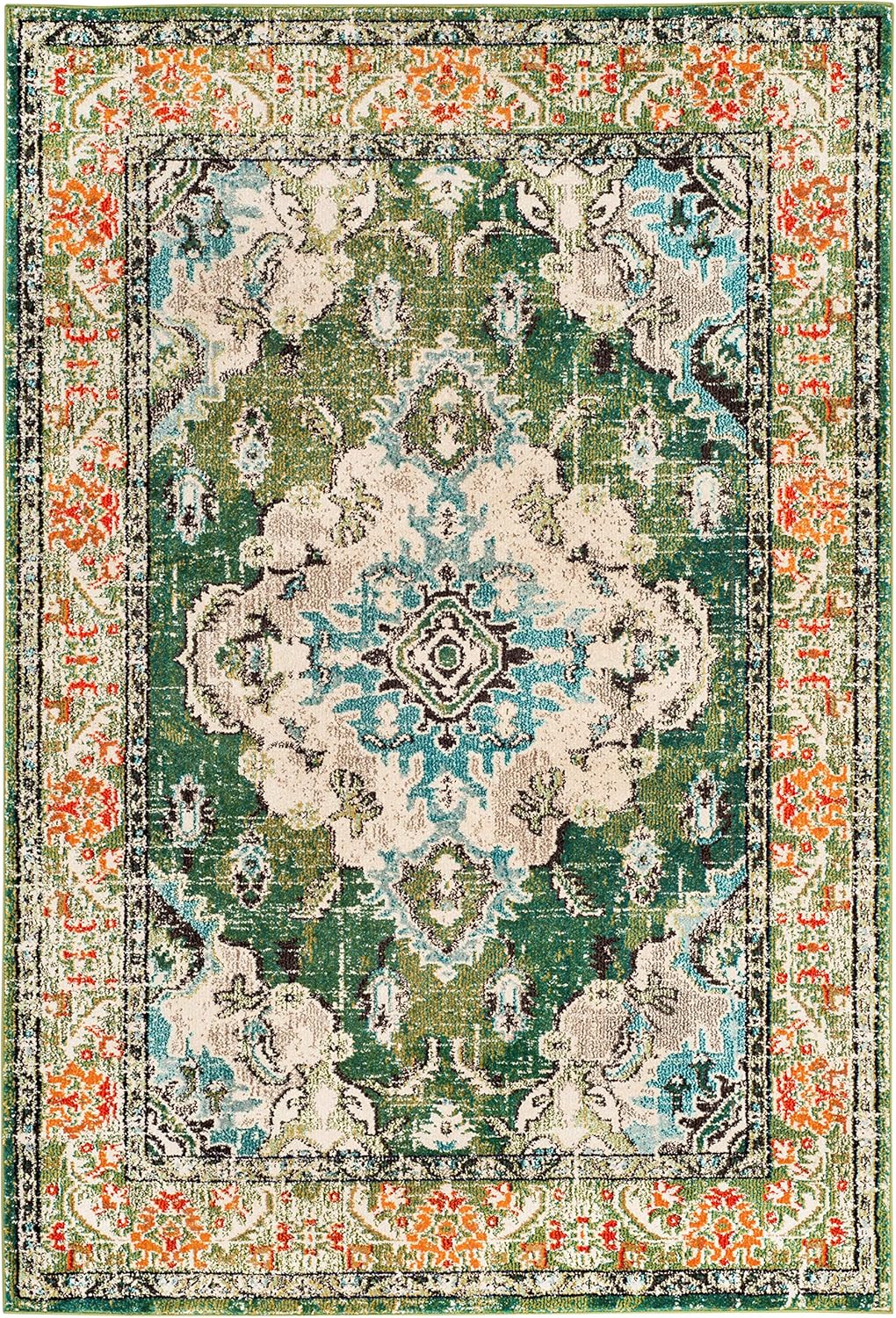 SAFAVIEH Monaco Collection Area Rug - 8' x 10', Forest Green & Light Blue, Non-Shedding & Easy to Clean, Distressed Medallion Design, Ideal for Living Room, Bedroom, Dining Space (MNC243F)