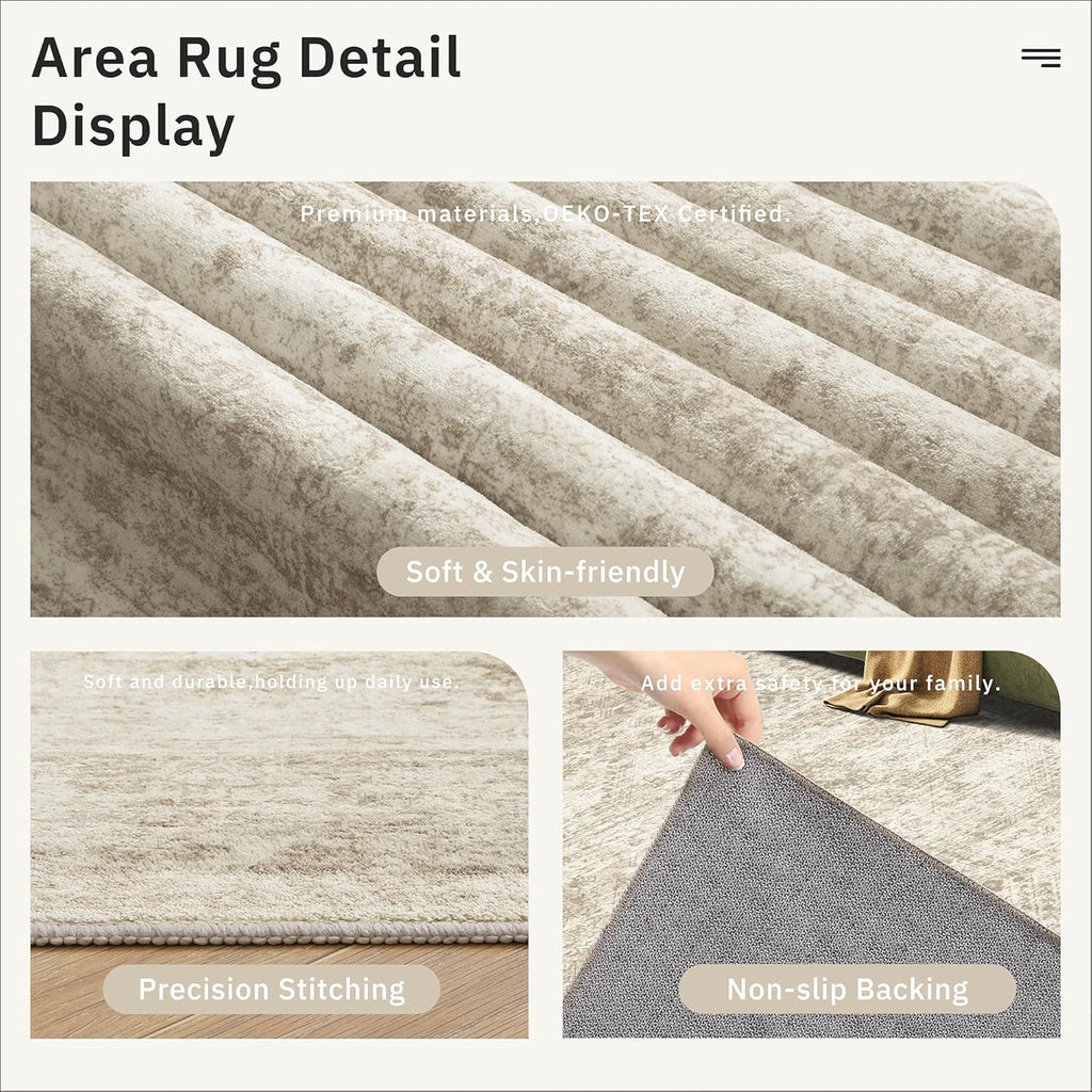 Soalmost 9x12 Area Rugs for Living Room, Non Slip Machine Washable Vintage Rugs, Low Pile Lightweight Large Rug for Bedroom, Dining Room, Home Office Beige