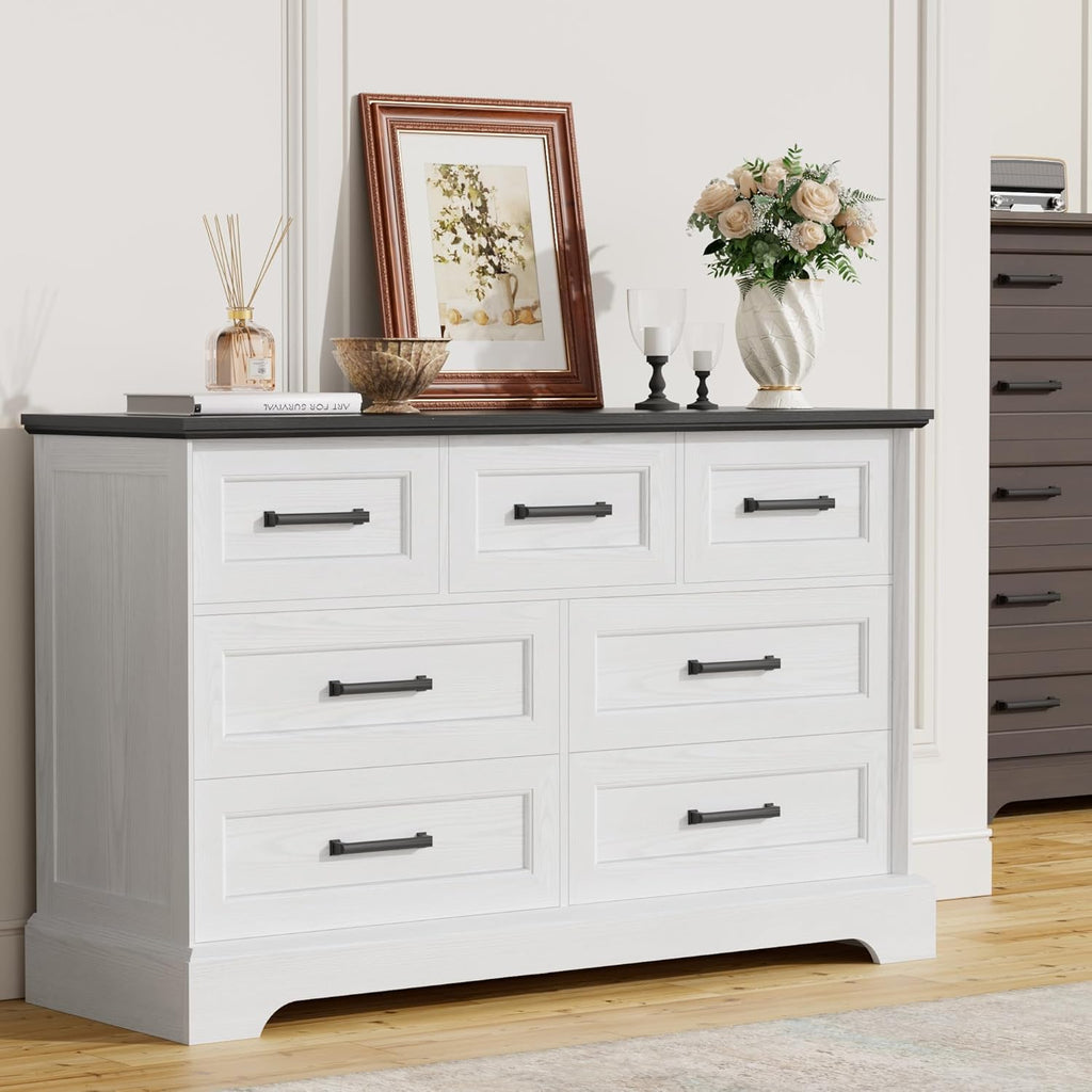 Furmax Farmhouse Dresser for Bedroom, 7 Drawers Dresser, Wood Chest of Drawers, 47.5" Wide Storage Dressers Organizer for Bedroom, Living Room, White and Black