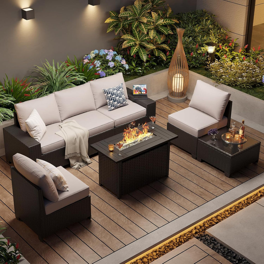 Aoxun Outdoor Patio Furniture Set with 44'' Fire Pit Table, 7 Pcs Outdoor Sectional with 4in Thicken Cushion, Widen Armrests Wicker for Backyard, Grey