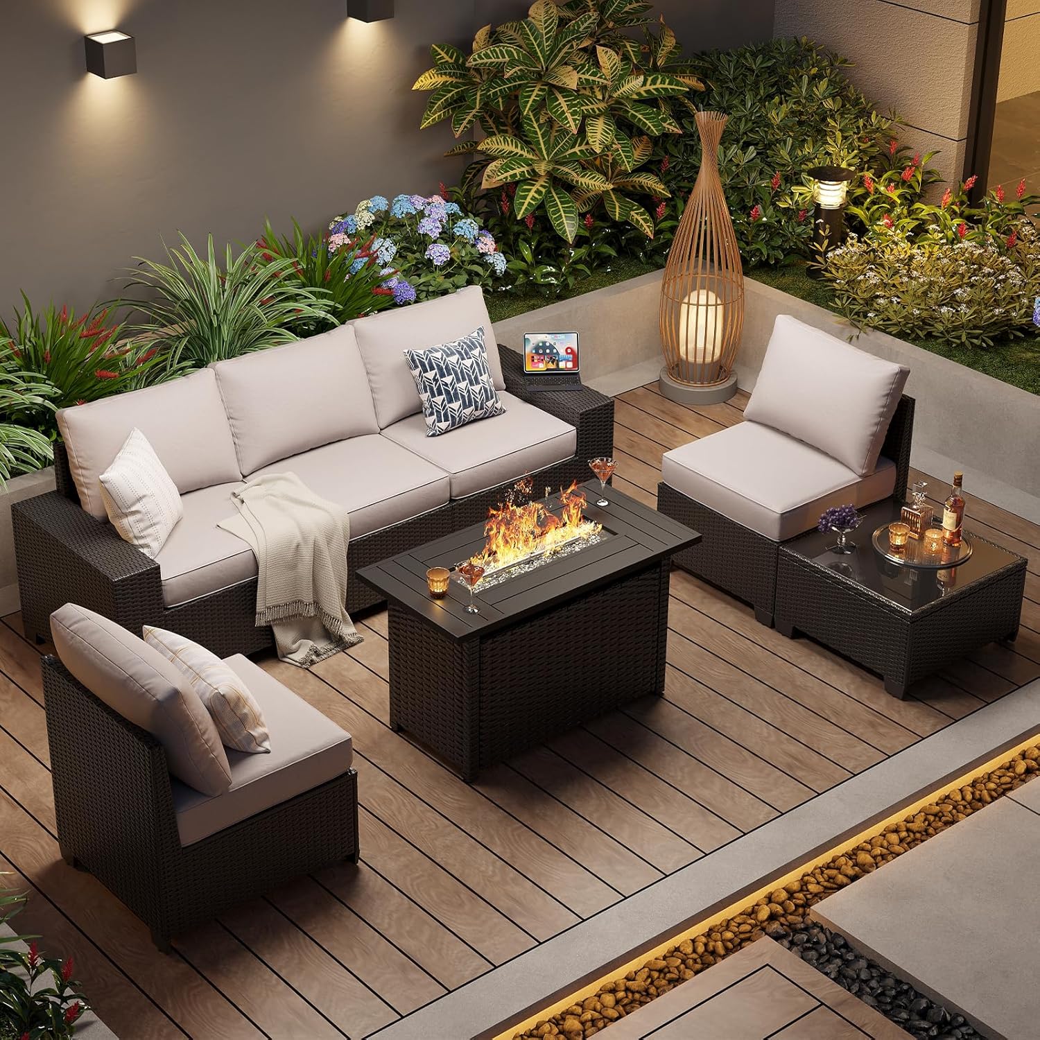 Aoxun Outdoor Patio Furniture Set with 44'' Fire Pit Table, 7 Pcs Outdoor Sectional with 4in Thicken Cushion, Widen Armrests Wicker for Backyard, Grey