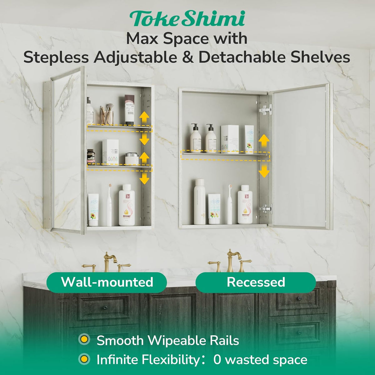 TokeShimi 20 x 26 Recessed Medicine Cabinet with Mirror, Assembly Required, Brushed Nickel Mirror Medicine Cabinet for Bathroom, Stepless Adjustable Shelves, Beveled Aluminum Frame, Tempered Glass