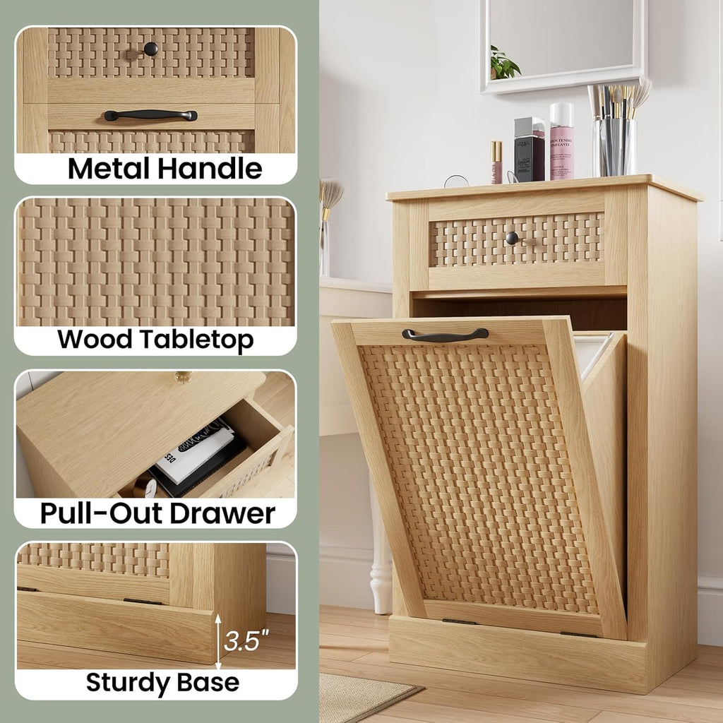 Double Tilt Out Laundry Hamper Cabinet, Rattan-Style Laundry Room Organization with Removable Laundry Basket, Hidden Wood Dirty Clothes Hamper with Drawers, 39" L x 13" W x 35.8" H, Wood