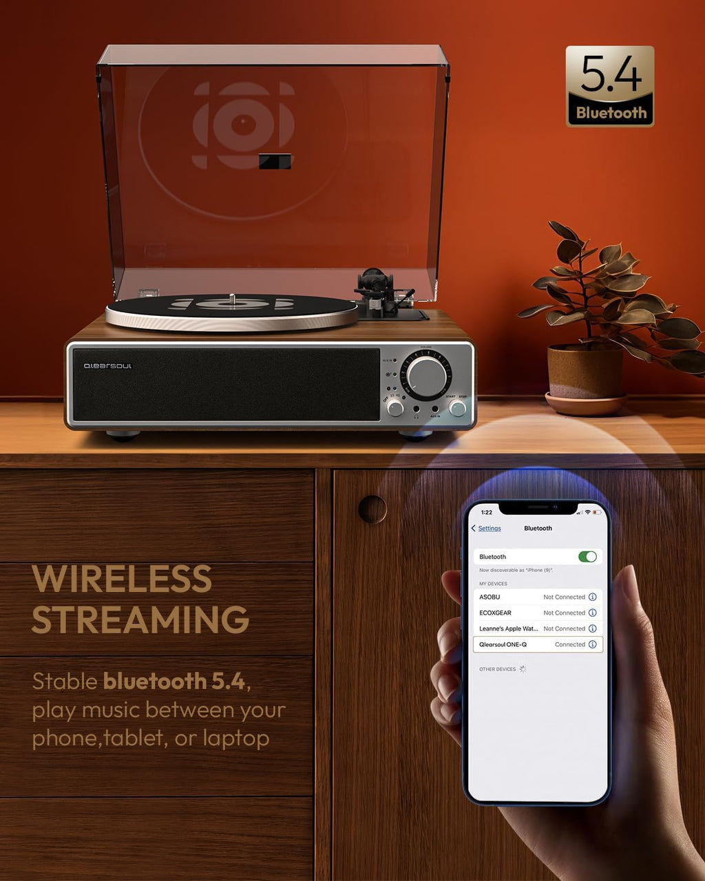ONE-Q All-in-one Vinyl Record Player with Bluetooth 5.4, HiFi Turntable Built-in Speakers, Phono Preamp, AT-3600L Cartridge, 33/45 RPM, Auto Off