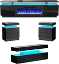 AMERLIFE 5 Piece Modern Living Room Table Set, Includes 80" Fireplace TV Stand, 2-Tier Coffee Table, 2 X Side Tables with Charging Station, LED Media Furniture, Black