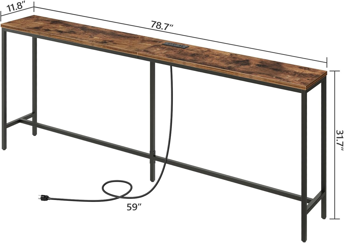 MAHANCRIS 78.7" Console Table with Power Outlet, 11.8" Wide Narrow Sofa Table, Industrial Entryway Table with USB Ports, Behind Couch for Entryway, Hallway, Foyer, Living Room, Rustic Brown CTHR320E01