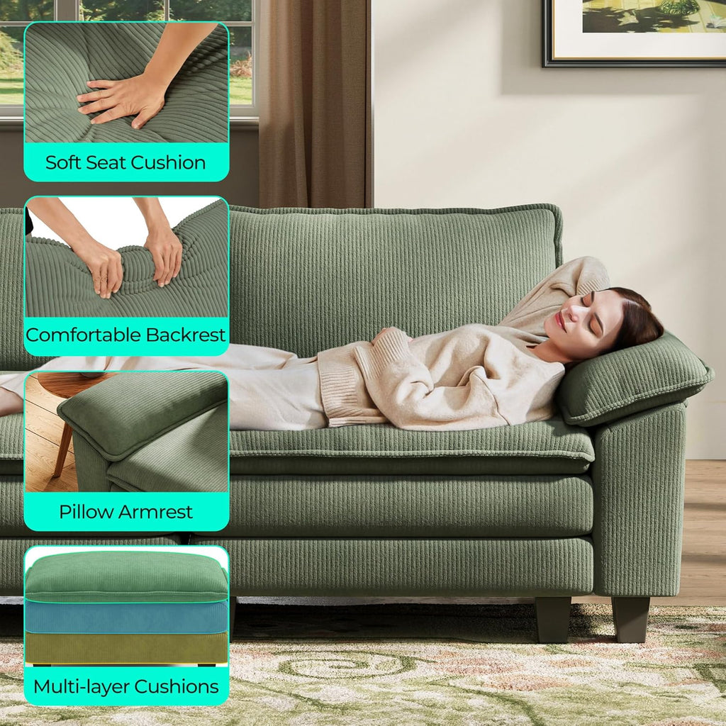LINSY HOME 123" Modular L-Shaped Sectional Sofa, 3-Seat Corduroy Modern Cloud Couch with Deep Seat & 1 Movable Ottoman, Perfect for Living Room, Office, Bedroom, Green
