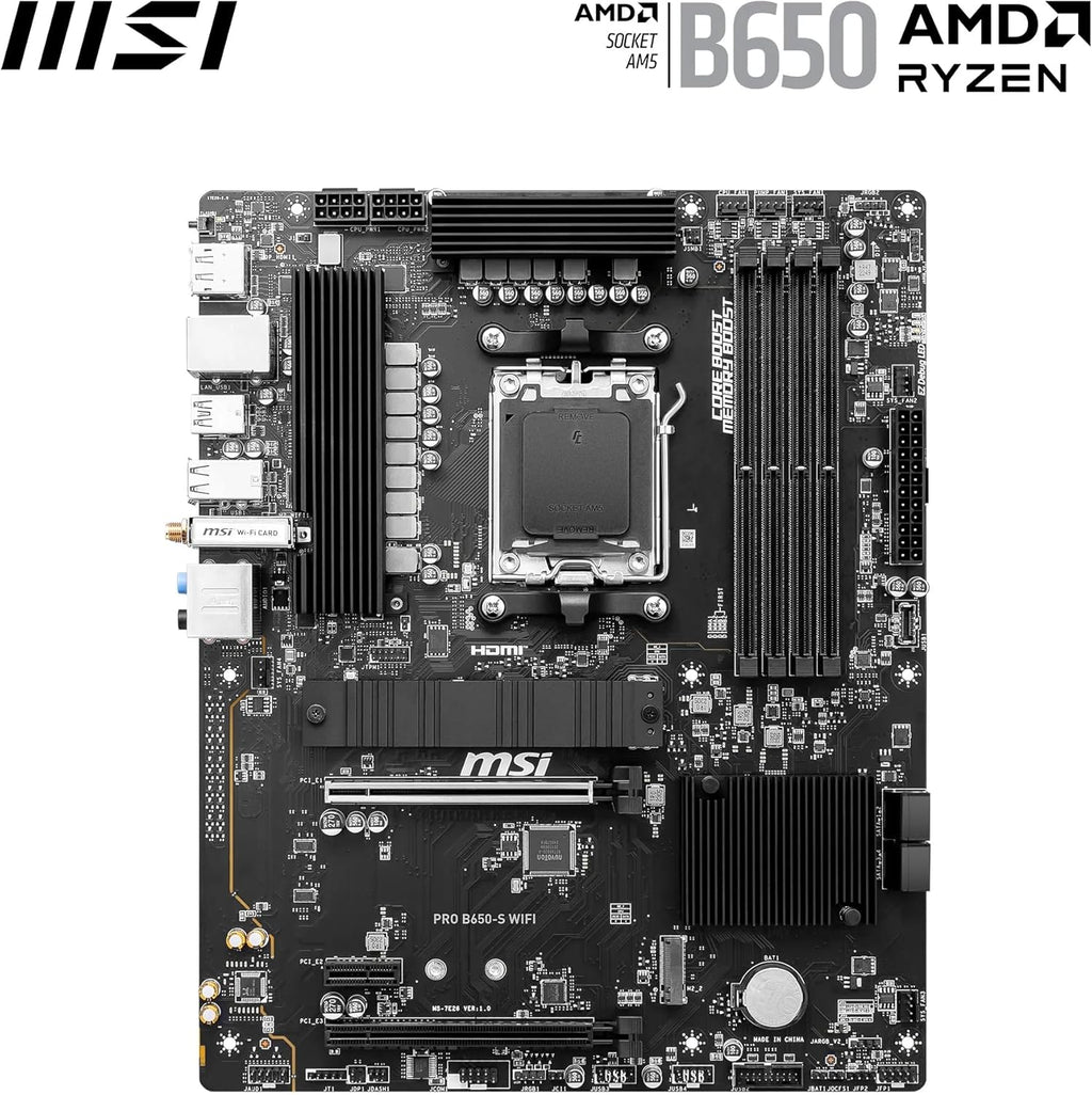 MSI PRO B650-S WiFi V1 Motherboard, ATX - Supports AMD Ryzen 9000/8000 / 7000 Series Processors, AM5 - DDR5 Memory Boost 6000+MHz/OC, 2 x PCIe 4.0 x16, 2 x M.2 Gen4, Wi-Fi 6E