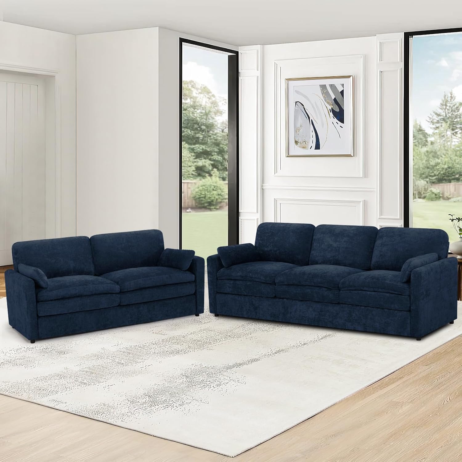 Classic Chenille Sofa Set with 2 Extra Armrest Pillows, Loveseat and 3-Seat Sofa with Upholstered Seat & Backrests, 2 Pieces Sectional Couch with Thickened Cushions for Living Room, Blue