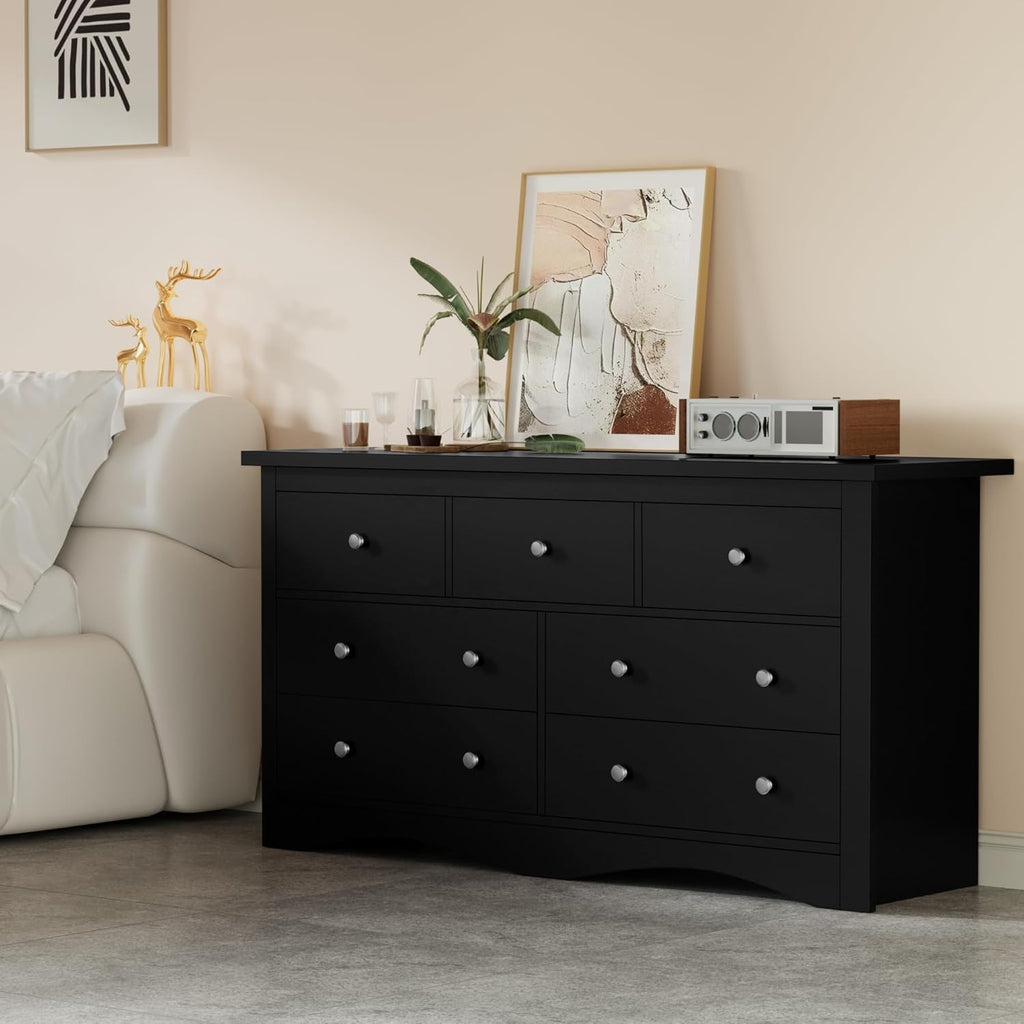 Furmax Dresser for Bedroom, 7 Wood Dresser, Chest of Drawers, for TV up to 65 inch, TV Stand Storage Chest of Drawers for Hallway Entryway (Black)