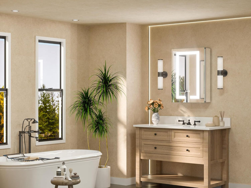TETOTE LED Lighted Medicine Cabinet Mirror with Tempered Glass 16 x 24 Recessed or Surface Mount Bathroom Cabinet with Lights and Storage, Outlets & USB, 3-Color Dimming, Defog, Adjustable Shelves