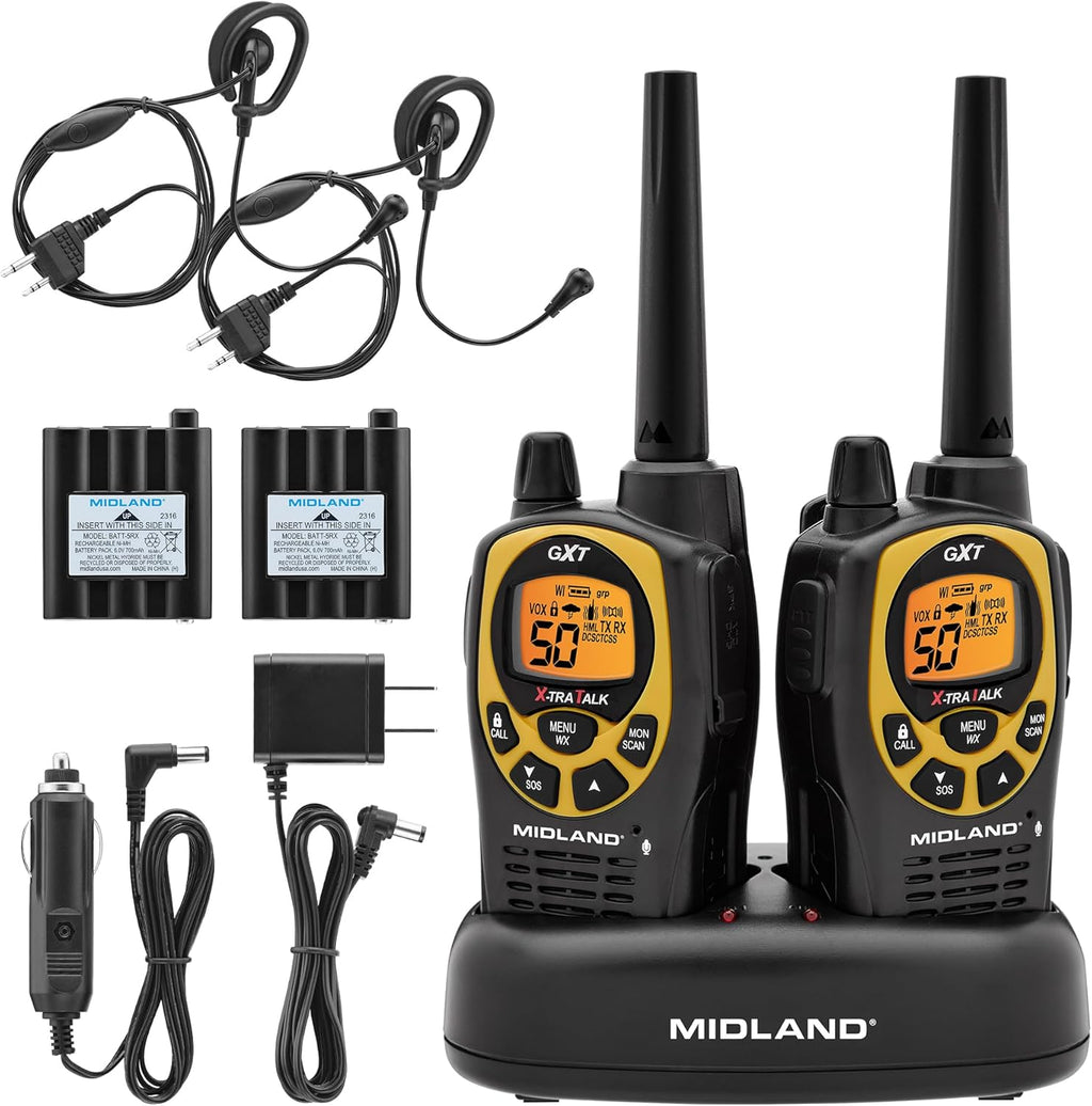 Midland GXT1030VP4 GMRS Two-Way Radio (50-Channel, Long Range, 142 Privacy Codes, SOS, NOAA, Rechargeable Nickel Battery, Black/Yellow, 2-Pack)