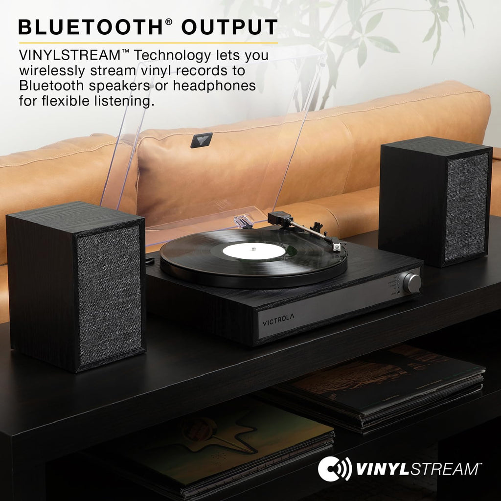 Victrola Harmony – Bluetooth Turntable System– 3-Speed Vinyl Record Player, Stereo Bookshelf Speakers, Mid-Century Modern Design, Audio Technica ATN3600L, Bluetooth Input and Output (Black)