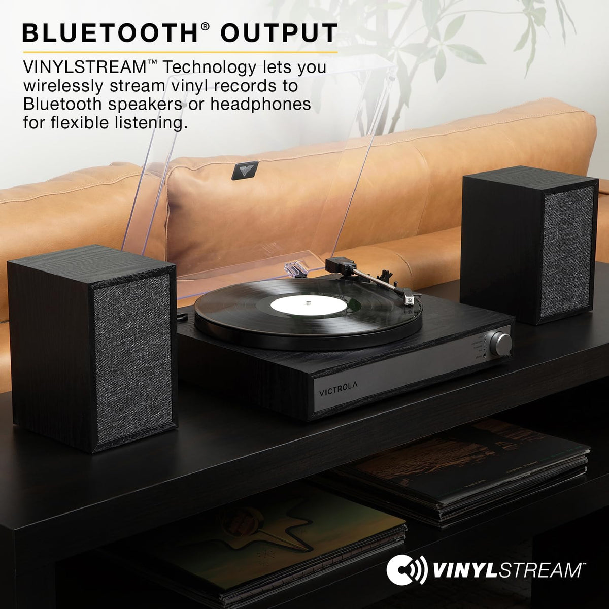 Victrola Harmony – Bluetooth Turntable System– 3-Speed Vinyl Record Player, Stereo Bookshelf Speakers, Mid-Century Modern Design, Audio Technica ATN3600L, Bluetooth Input and Output (Black)