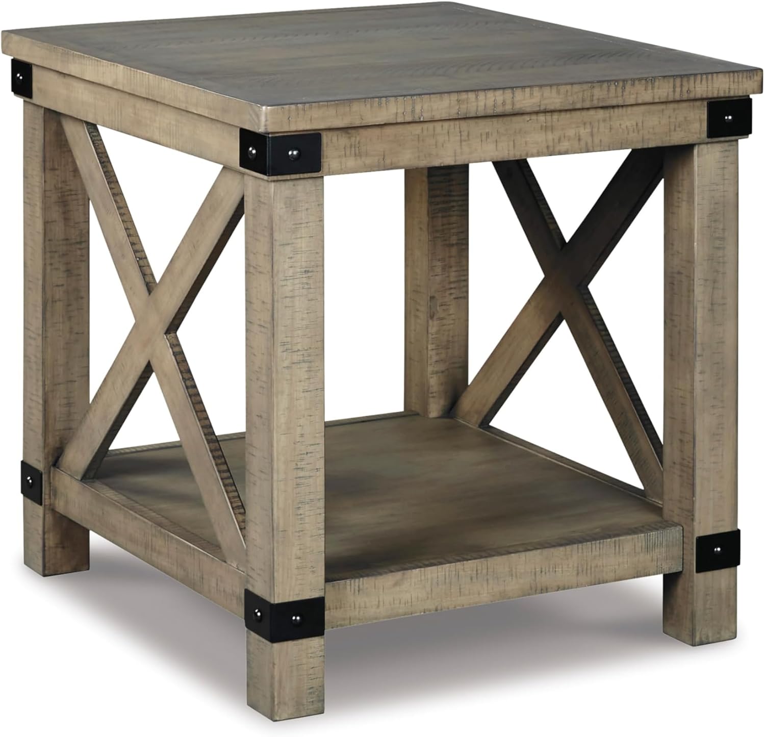 Signature Design by Ashley Aldwin Casual Farmhouse Rectangular End Table with Crossbuck Details, Metal Bracket Accents, Wood, 25" High, Weathered Gray