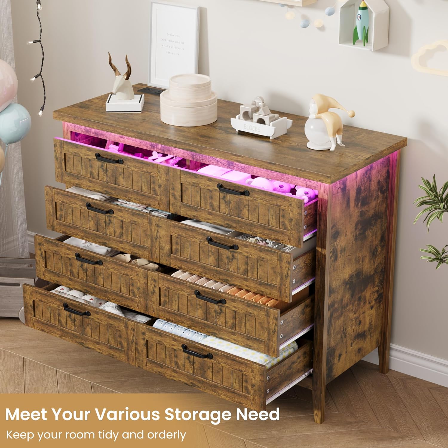 Garvee Rustic Brown Dresser for Bedroom, 8 Drawer Dresser with LED Lights and Power Outlet, Closet Dressers Chests of Drawers, Double Wooden Dressers for Entryway, Hallway