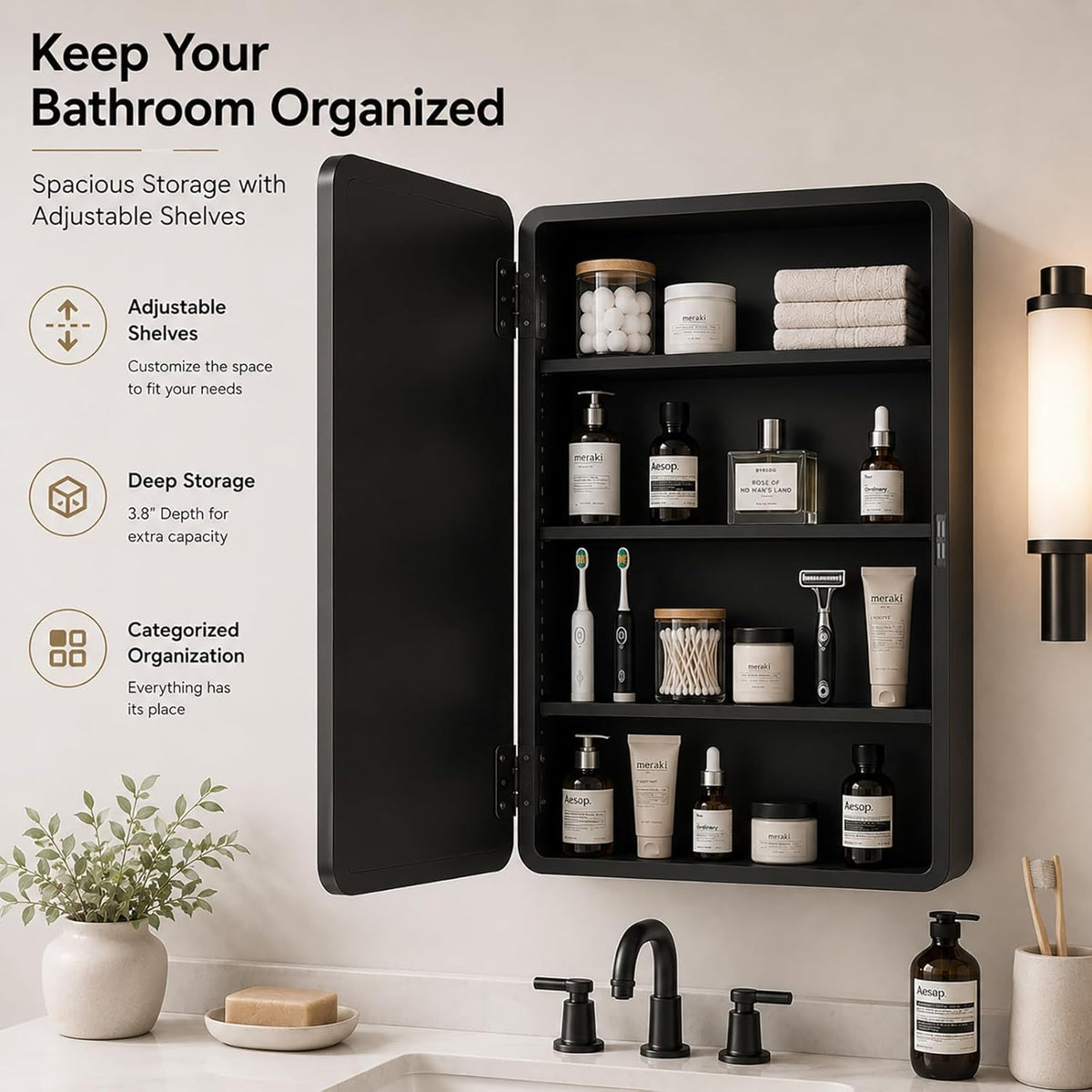 Medicine Cabinet with Mirror, 16x22 inch Black Recessed Medicine Cabinet or Surface Wall Mount Bathroom Cabinets with Adjustable Shelves Metal Framed Mirror, Rounded Rectangle Storage Cabinet