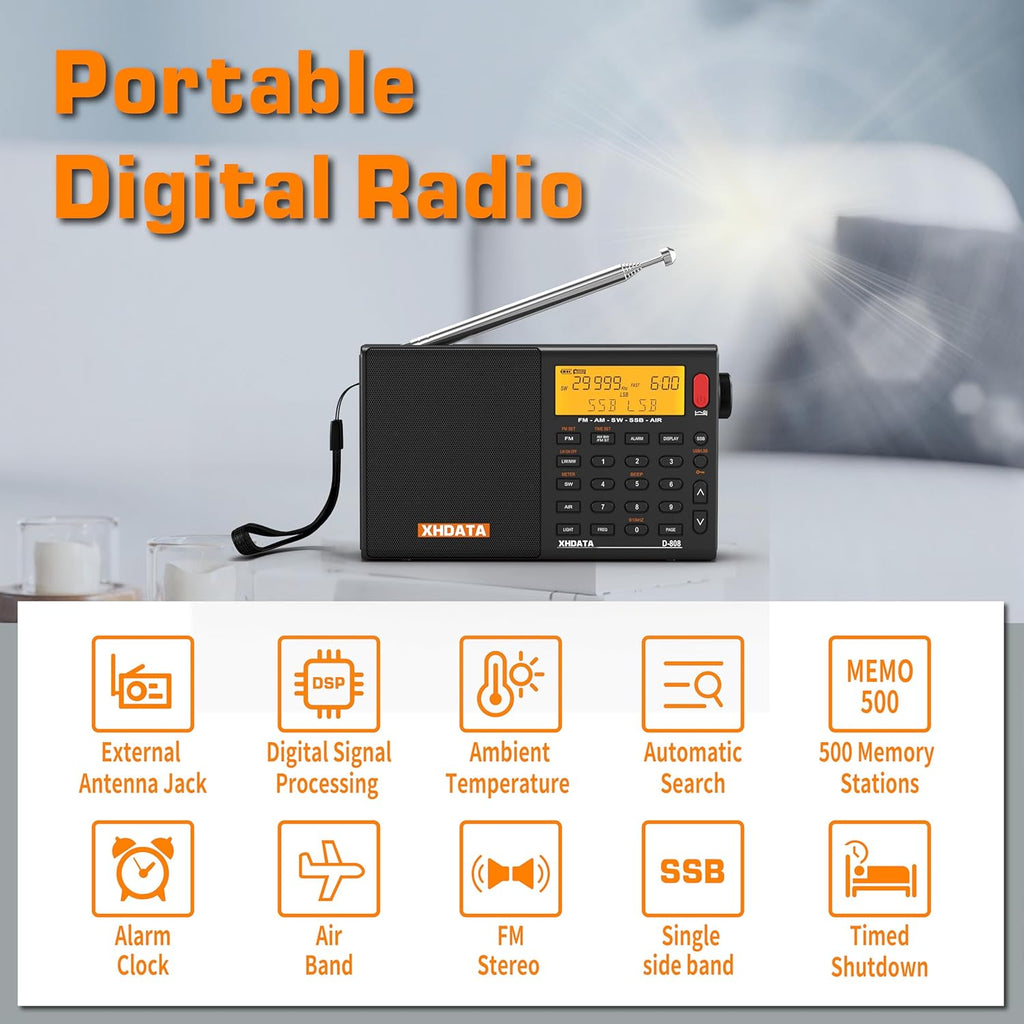 XHDATA D808 Portable AM FM SW LW Air Band Shortwave Radio SSB RDS Multi Band Digital Radio Speaker with LCD Display Alarm Clock External Antenna (Black)
