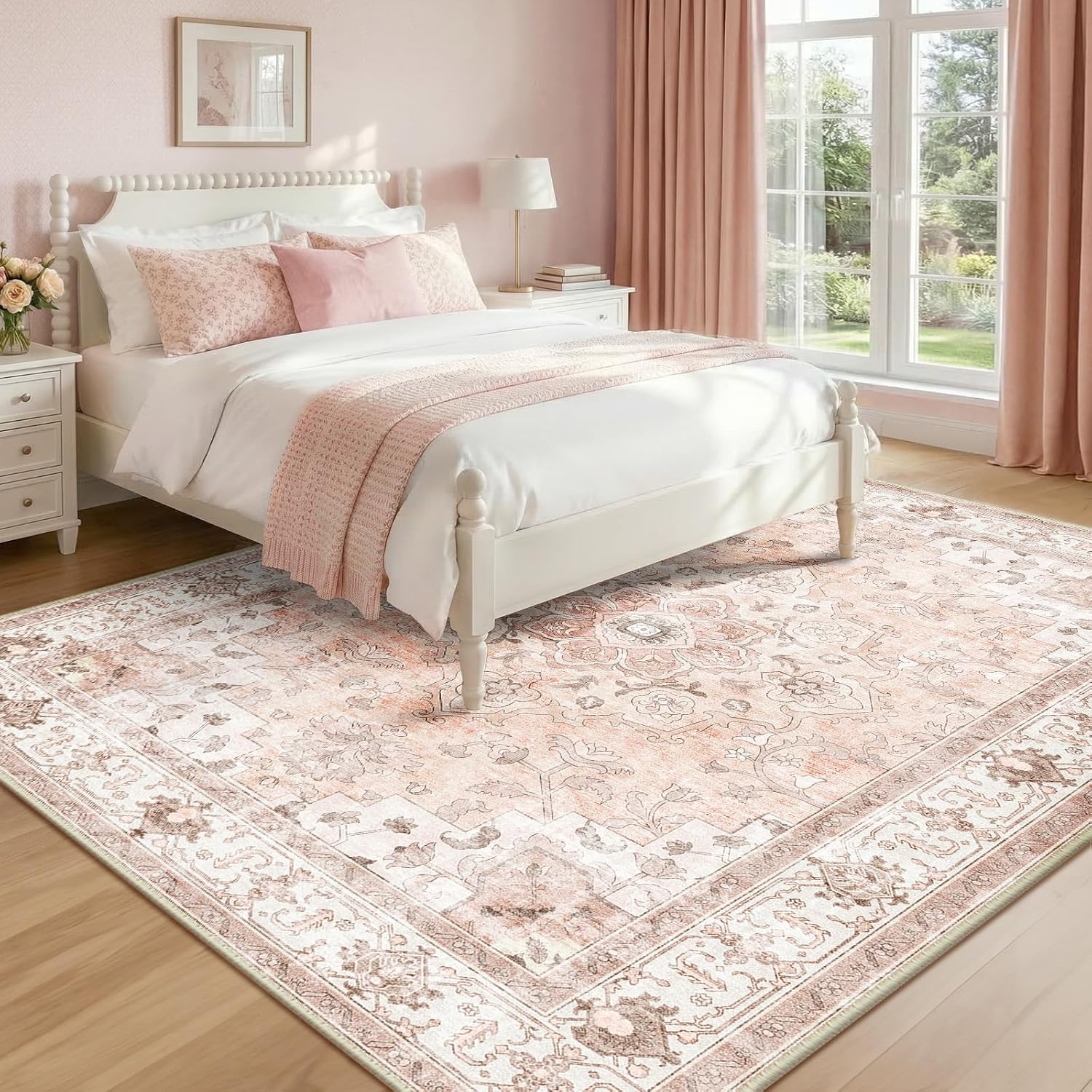 CAPALOCA Machine Washable Rugs Nursery Rug 8x10 Cute Girl Non Slip Low Pile Water Repellent Soft Print Pattern for Bedroom Indoor Decor Kids Playroom Pink