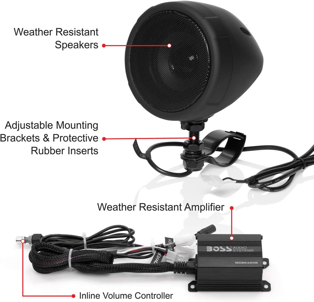 BOSS Audio Systems MCBK420B 3 Inch Motorcycle Speakers and 2 Channel Amplifier Package - Bluetooth, Weatherproof, Volume Control, ATV UTV Compatible
