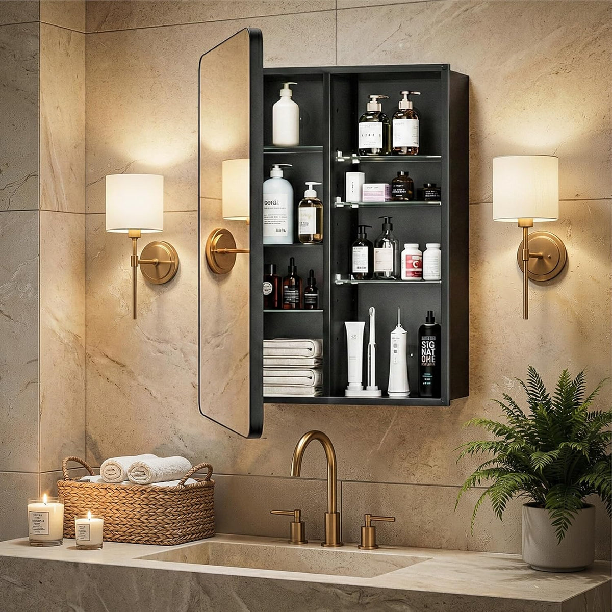 Bathroom Medicine Cabinet with Mirror, 20x30 Inch Recessed or Surface Mount Wall Organizer, Fits Tall Bottles, 6 Adjustable Glass Shelves, Soft Close DTC Hinges, Matte Black, Pre-Assembled
