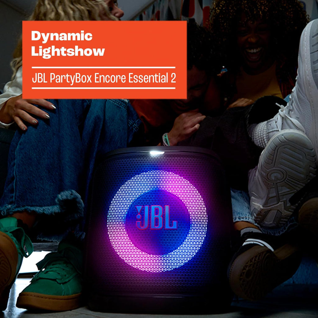 JBL PartyBox Encore Essential 2 - Portable Battery-Powered Party Speaker with AI Sound Boost, Up to 15 Hours of Play time, IPX4 Splash Proof, and Multi-Speaker Connection by Auracast (Black)