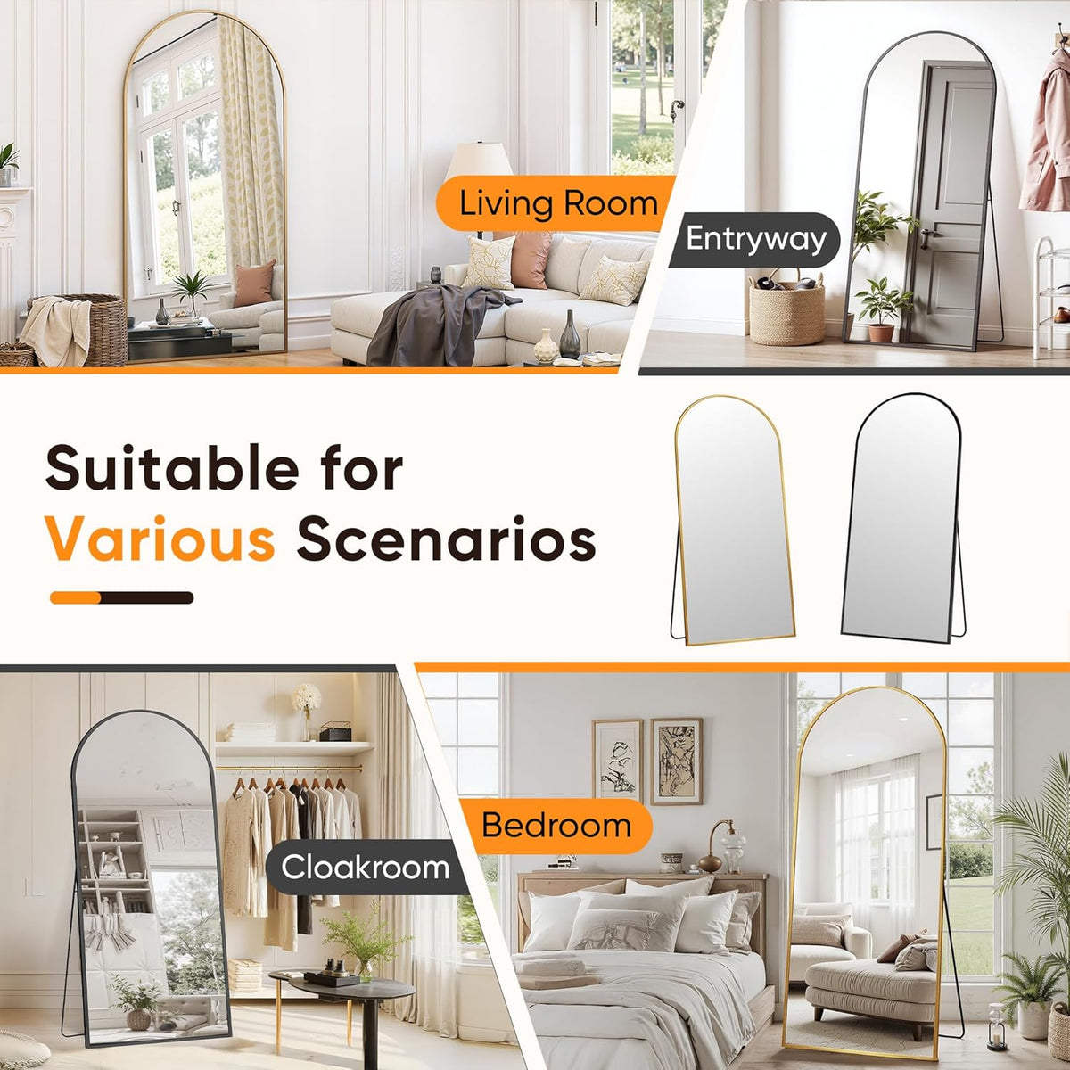 Suidia Full Length Mirror, 71"x32" Floor Standing Mirror Freestanding, Full Body Mirrors with Stand for Bedroom, Hanging Mounted for Living Room Cloakroom, Black, Arched Style