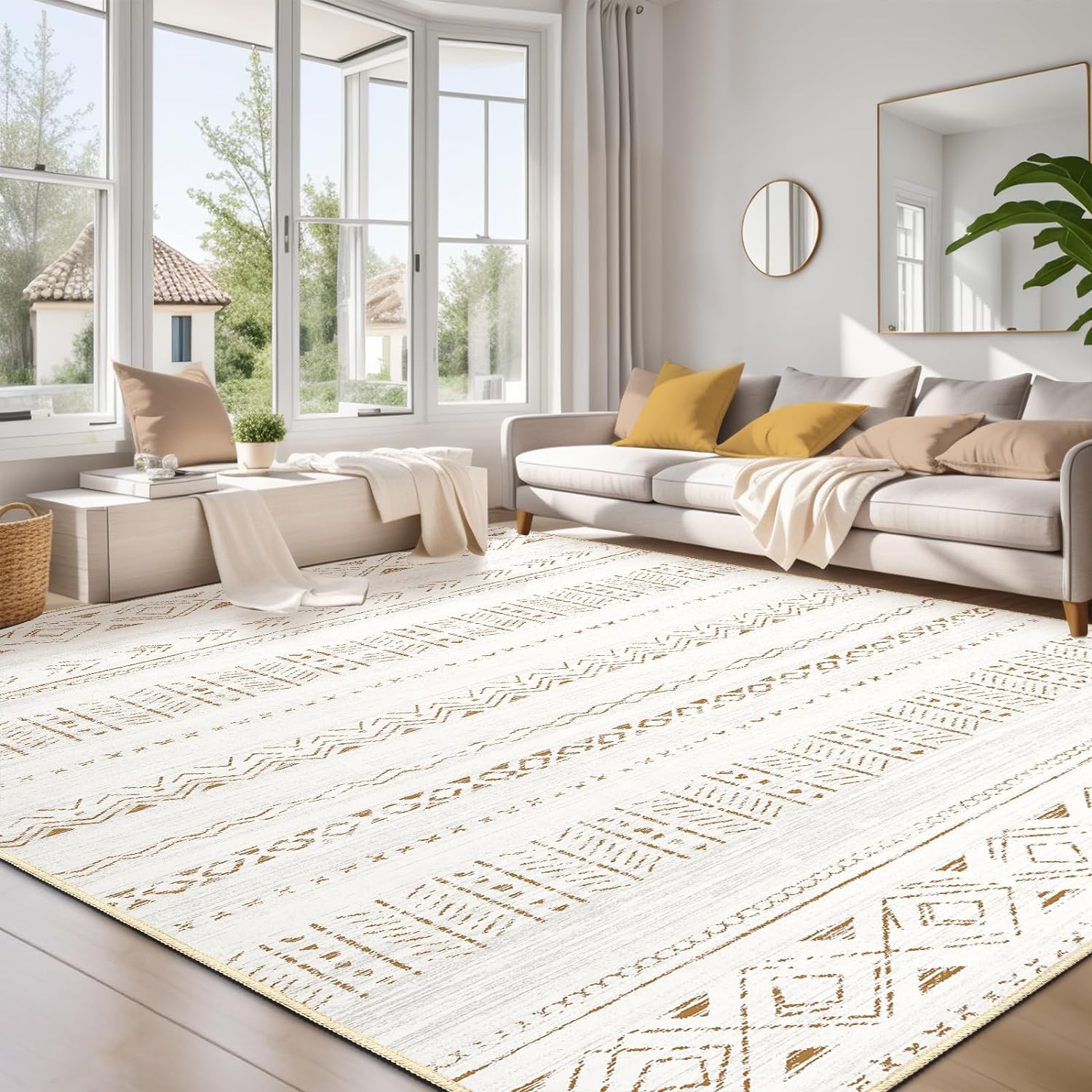 cotiled 9x12 Area Rug Living Room: Washable Boho Rugs with Non Slip Backing Large Soft Indoor Stain Resistant Carpet for Bedroom Farmhouse Dining Room Lightweight Home Decor L Brown/Cream