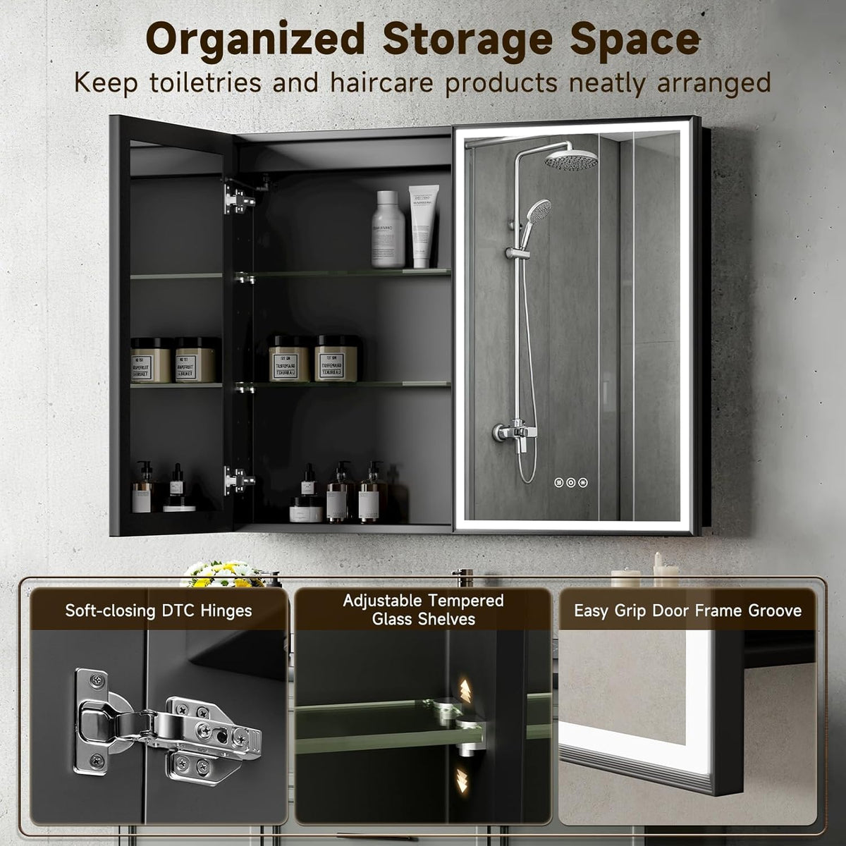 16X24 Inches Framed Medicine Cabinet with Lights, Bathroom Medicine Cabinet with 3-Color/Dimmable, Anti-Fog, Plug-in & Hardwired, Surface Mount & Recessed