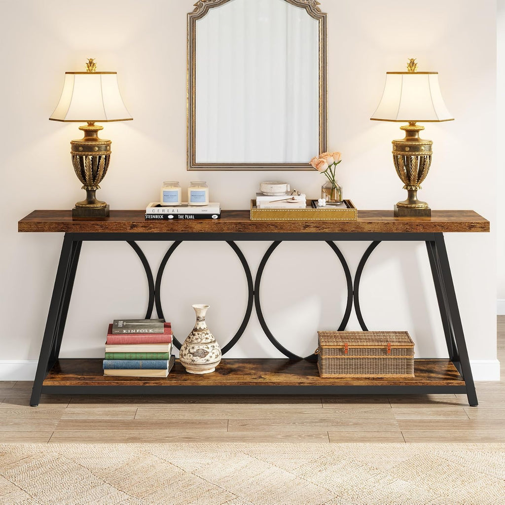 Tribesigns 70.9 inch Extra Long Console Table, Industrial Sofa Table Behind Couch with 2 Tier Storage Shelf, Narrow Entryway Hallway Accent Table for Living Room, Rustic Brown