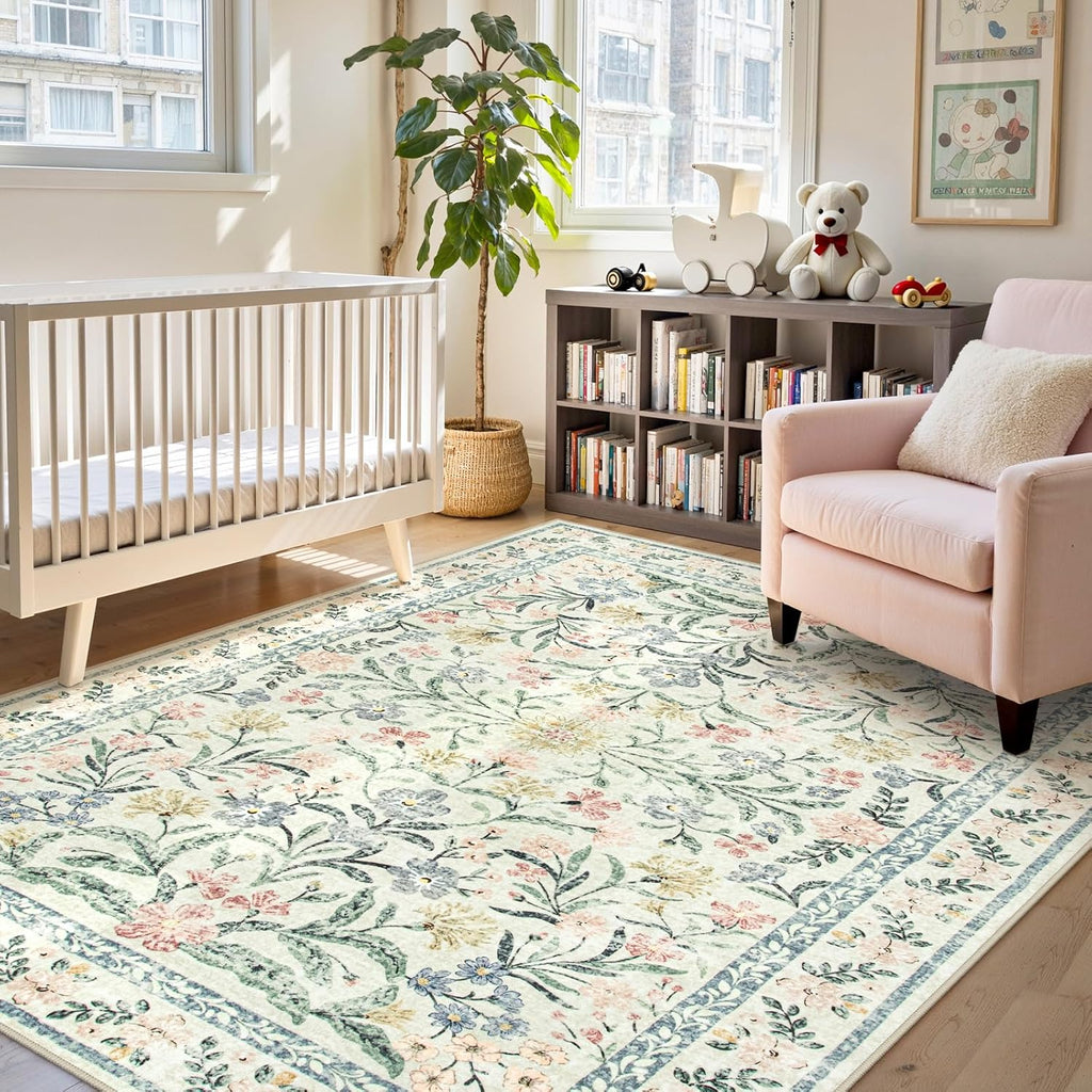 Lahome Sylvie Boho Rugs for Living Room, Washable Large 8 x 10 Area Rugs for Bedroom Non Slip, Soft Ultra-Thin Distressed Floral Throw Carpet for Office Dining Room, Cream/Multi