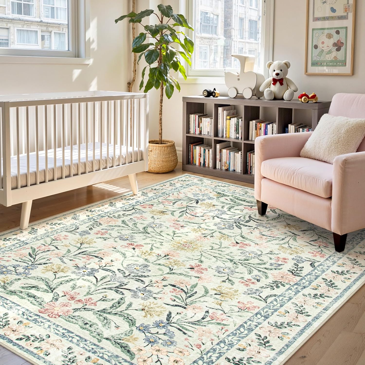 Lahome Sylvie Boho Rugs for Living Room, Washable Large 8 x 10 Area Rugs for Bedroom Non Slip, Soft Ultra-Thin Distressed Floral Throw Carpet for Office Dining Room, Cream/Multi