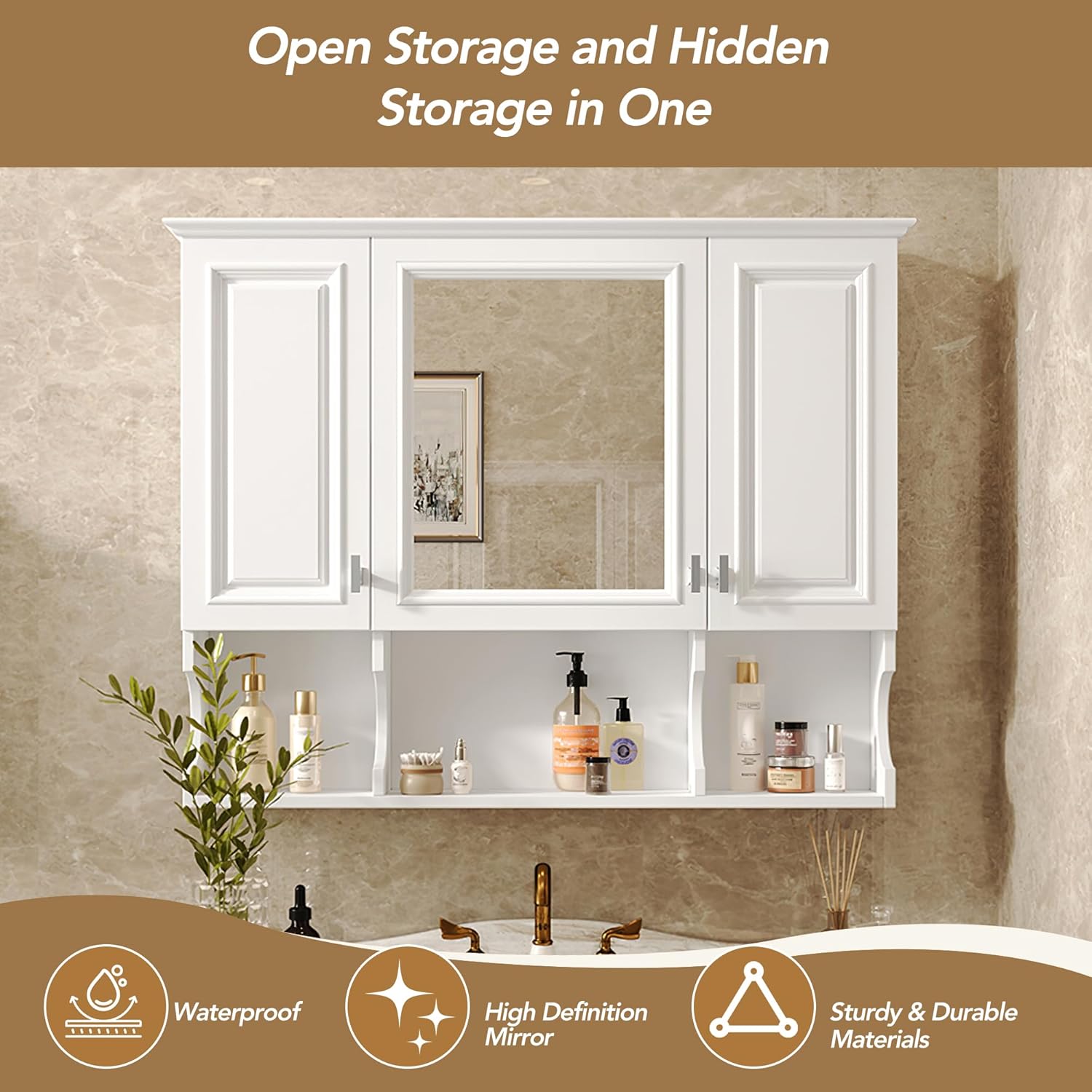 Merax Bathroom Wall Cabinet with Mirror, Wall Mounted Medicine Cabinet with Adjustable Shelves and Open Spaces, 35" x 28" Mirrored Door Over The Toilet Bathroom Storage Cabinet