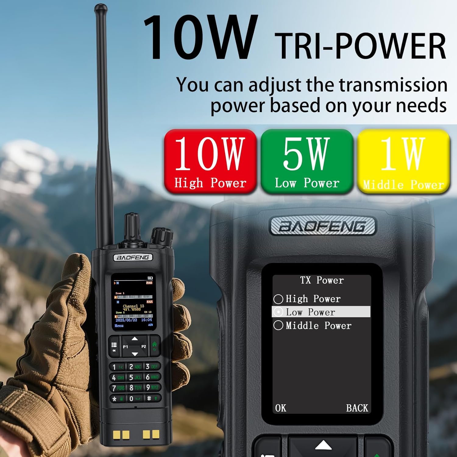 BAOFENG DM32 Dmr Radio,DM-32 Handheld Radio with USB-C Charging, GPS, 10W Long Range DM32UV Walkie Talkie for Emergency Rescue & Outdoor Sports (1Pack Black+Dual Section Antenna+Radio Holster)