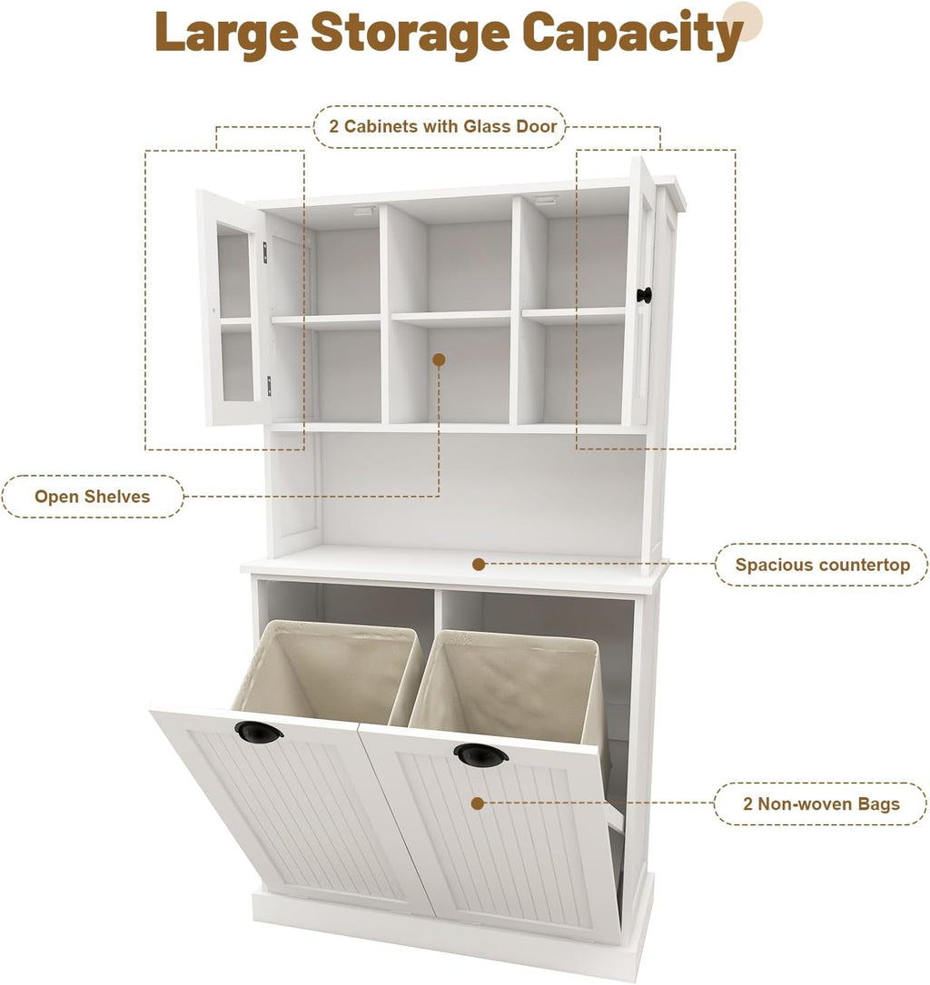 Tilt-Out Laundry Hamper Cabinet with Glass Doors – 60” Tall Bathroom Storage Organizer, 2 Pull-Out Baskets, Adjustable Shelves, Fits Bathroom & Balcony (White)