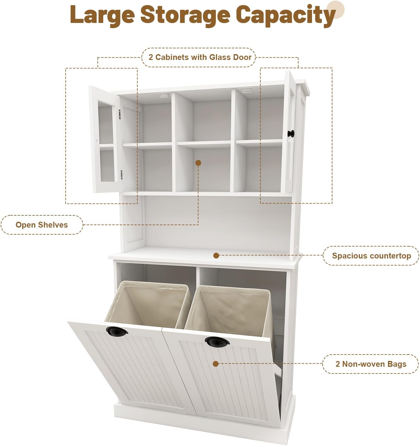 Tilt-Out Laundry Hamper Cabinet with Glass Doors – 60” Tall Bathroom Storage Organizer, 2 Pull-Out Baskets, Adjustable Shelves, Fits Bathroom & Balcony (White)
