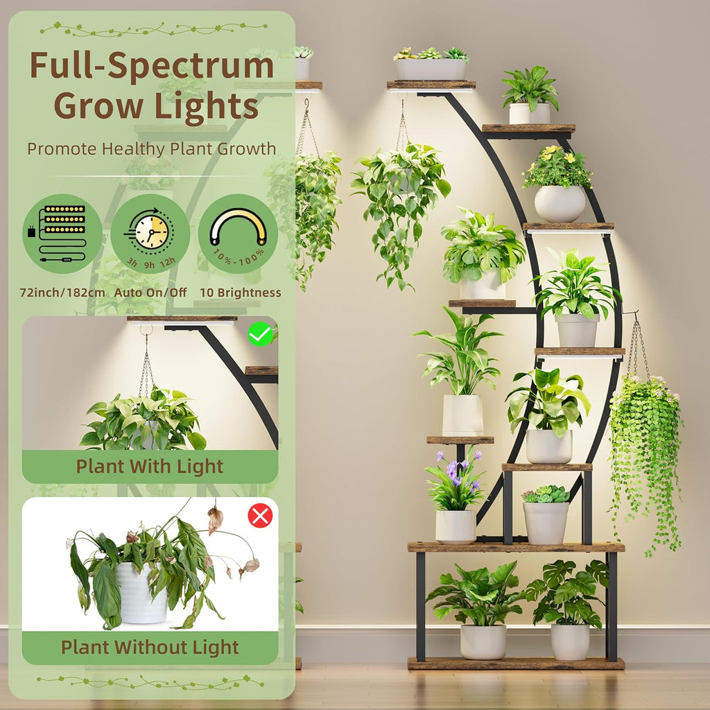 BACEKOLL Plant Stand Indoor with Grow Lights, 9 Tiered Metal Plant Shelf, 64" Tall Plant Stand for Indoor Plants Multiple, Large Plant Rack Display Shelf, Curved Plant Holder for Living Room, Patio